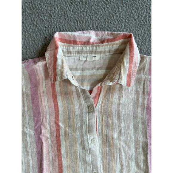 BeachLunchLounge Button Top Large Linen Striped Cap Sleeve White Pink Boxy Boho - Picture 2 of 13